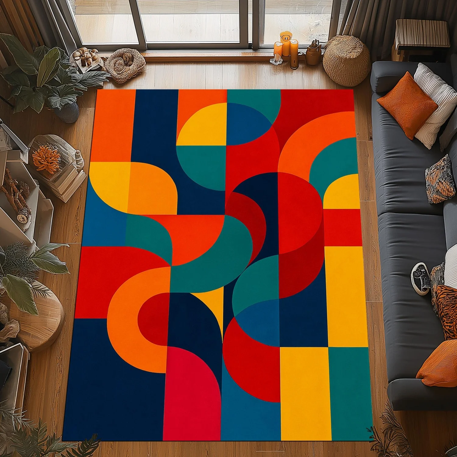 Room Decor Rug Red Orange Teal Navy Geometric Semicircle Block Print Bauhaus Area Rug, Non Slip Floor carpet, rugs for livingroom, rug for bedroom, Rectangle Floor Mat, Perfect for Studio Room, Bright
