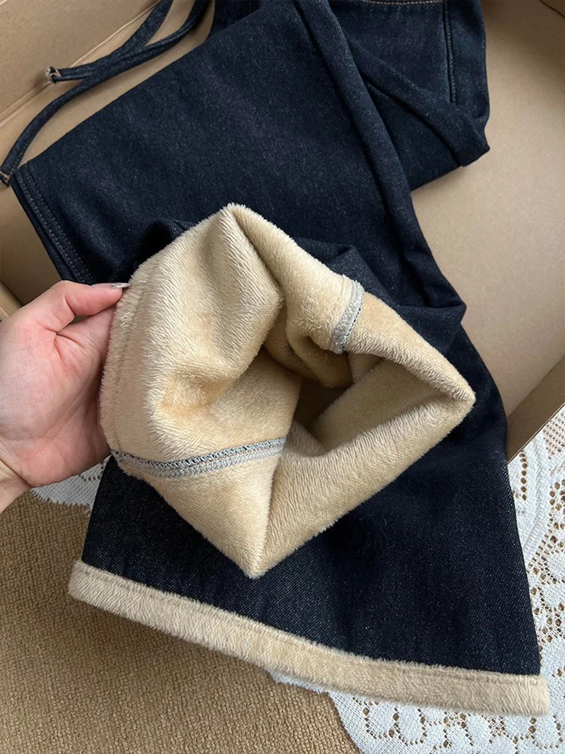 الشتاء التشفيه المخملية الجينز للنساء الرجعية عالية الخصر الدافئة واسعة الساق الدنيم السراويل التباين سميكة مستقيم الساق السراويل