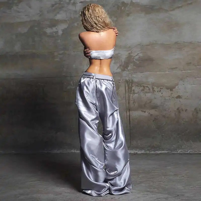 

Street Silver Dark Style Satin Pleated Casual Loose Slimming Dance Pants Trendy