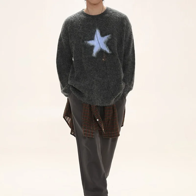 2024 Jesienno-zimowe damskie swetry oversize w gwiazdki Luźny ciemnoszary sweter z dzianiny w stylu vintage Sweter Harajuku