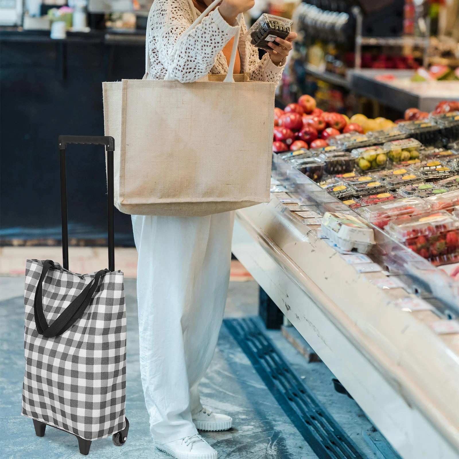 

Folding Grocery Trolley Portable With Wheels Collapsible Utility Oxford Fabric Metal Frame Retractable Handle Rolling