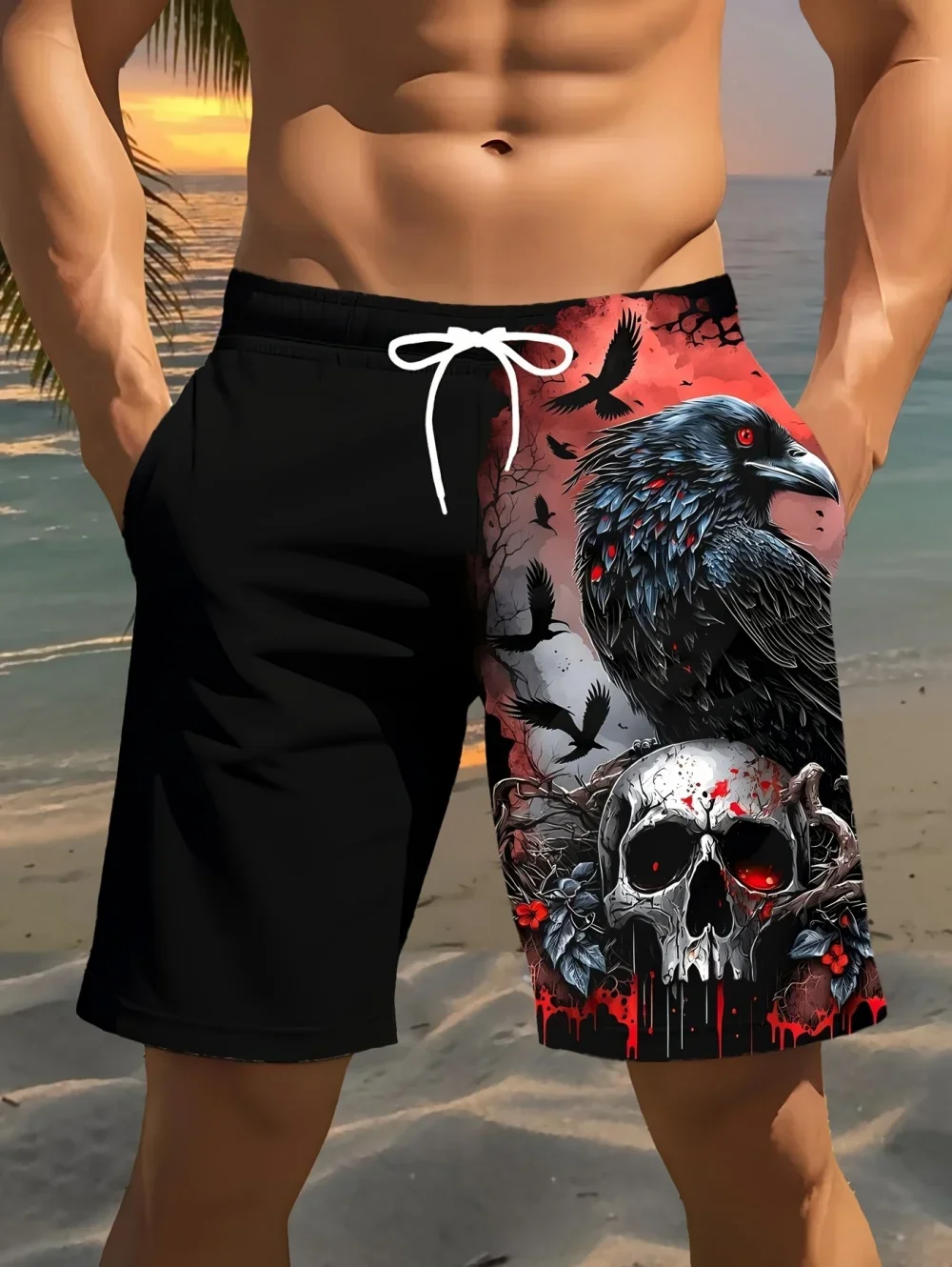 2026 Summer New Men's Retro 3D Skull Print Shorts Casual Dark-Style Quick-Dry Streetwear Gothic Statement Pieces
