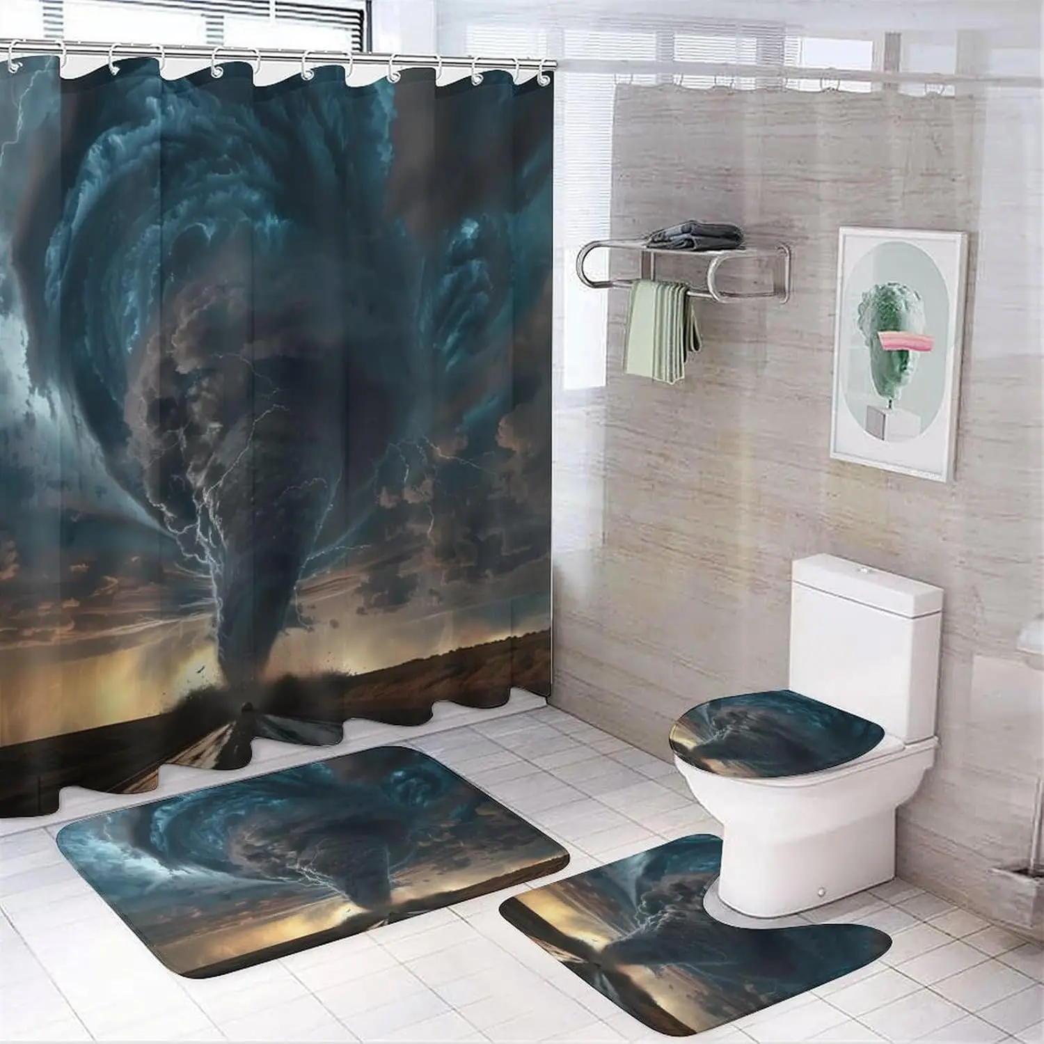 

Tornado Natural Disaster Bathroom Sets 4 Pcs Shower Curtain Sets with Rugs, Toilet Lid Cover and Bath Mat with 12 Hooks