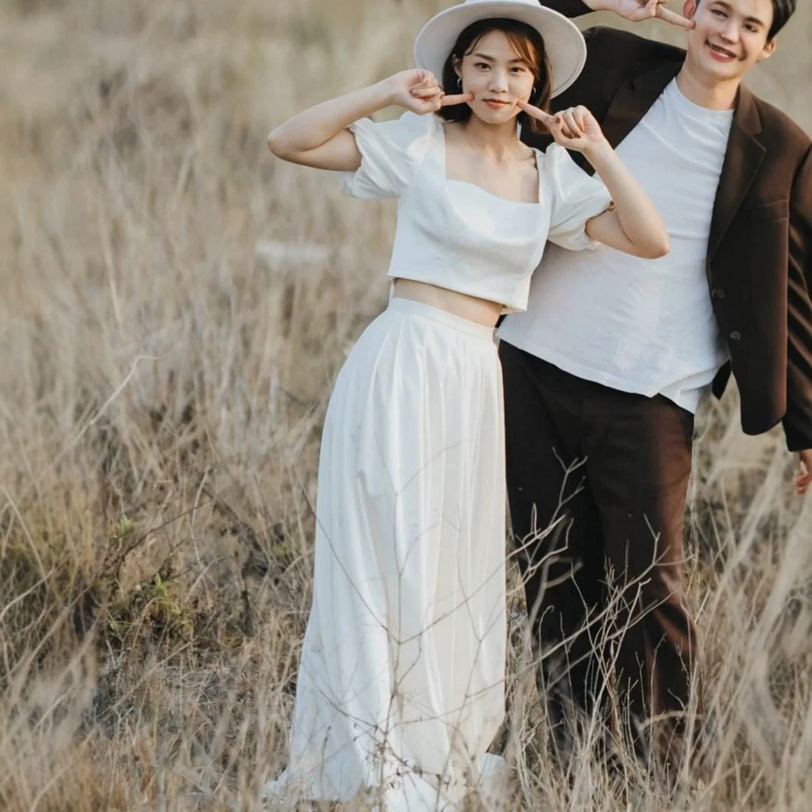 Two Piece Satin Wedding Dress Women Square Neck Puff Short Sleeve Crop Top A‑Line Long Skirt Bridal Gown Bohemian Wedding Dress