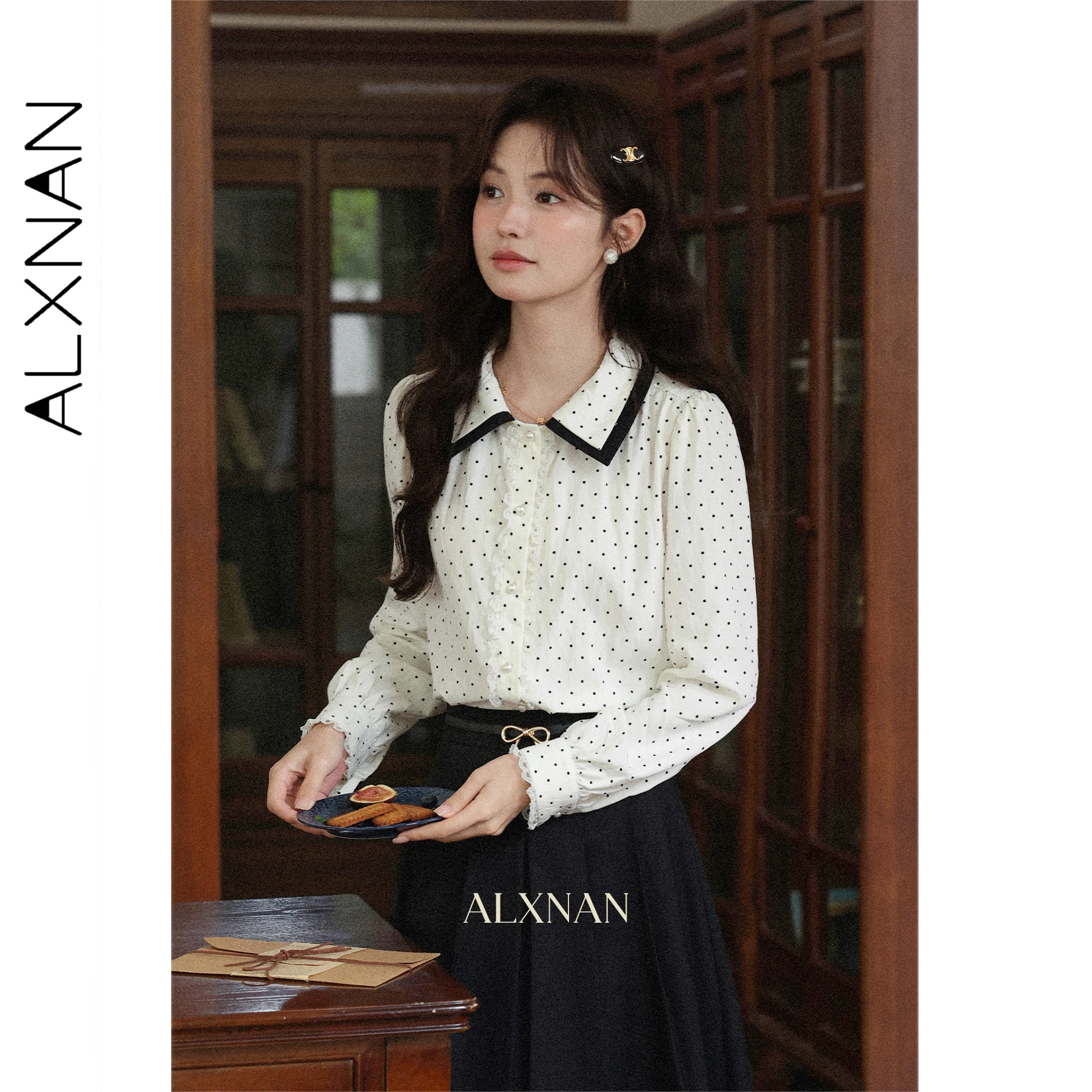 

ALXNAN White Point Shirt Lapel Lace Stitching Long Sleeve Blouses 2025 Autumn Pearl Buttons Office Lady French Top Ladies L57023