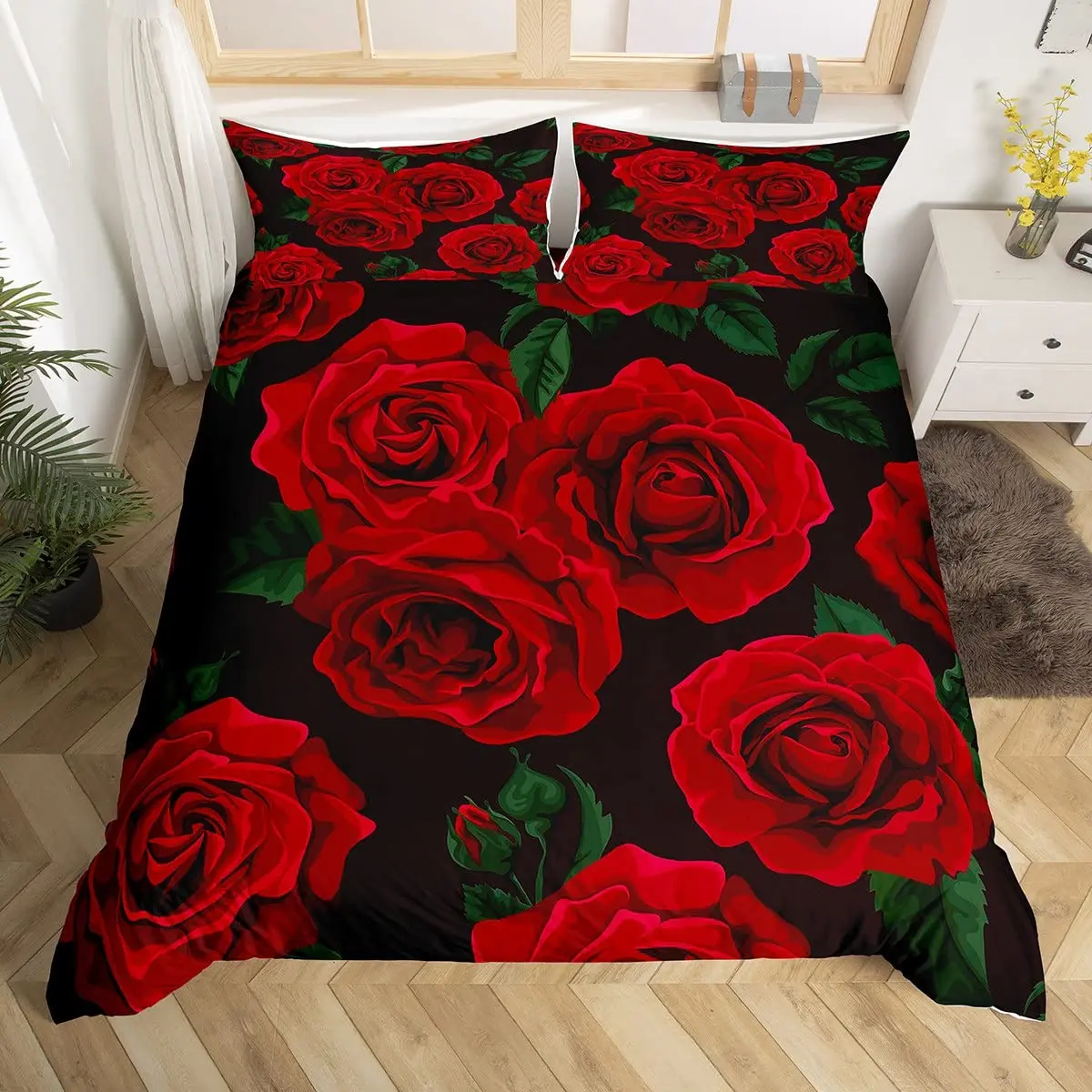 

Girl Rose Flower Bedding Set Duvet Cover Romantic Fresh Style Comforter Cover 1 Duvet Cover with 2 Pillow Cases Queen Full Size