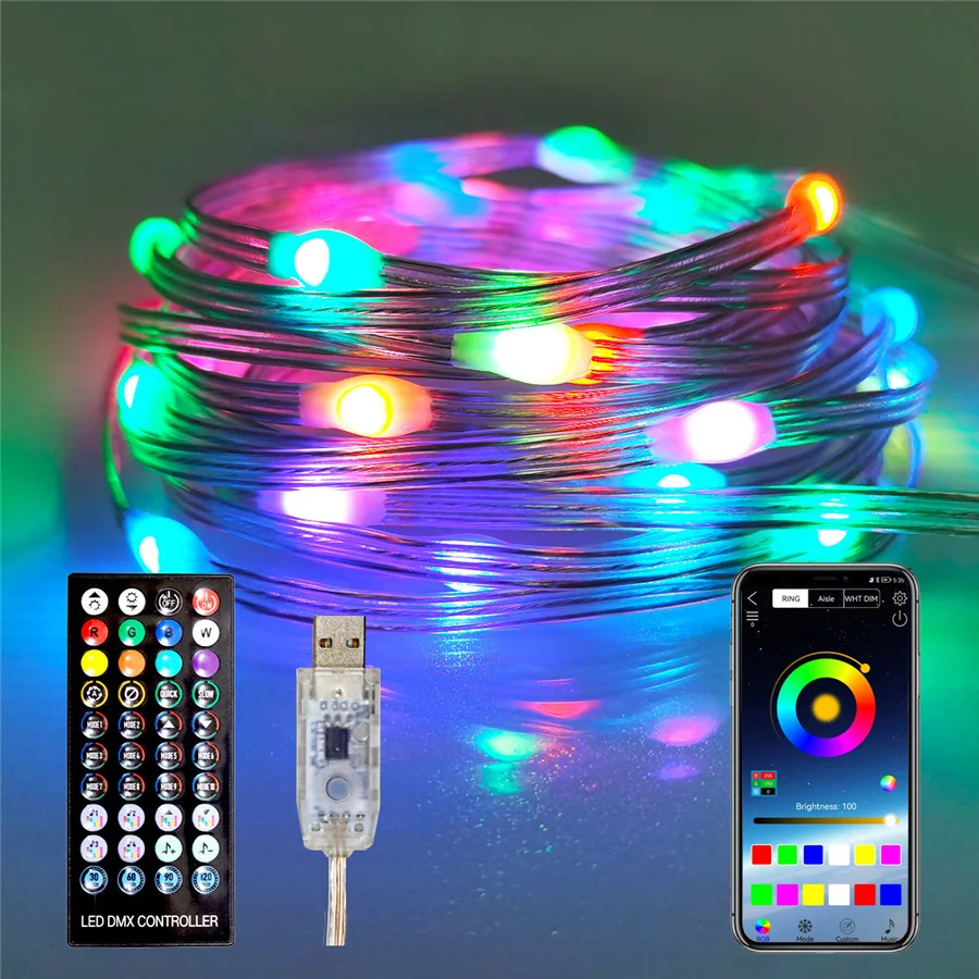 100/200led Smart BT Fairy Lights controllo App USB Remote RGB albero di natale luci scintillanti per decorazioni da giardino per feste di matrimonio