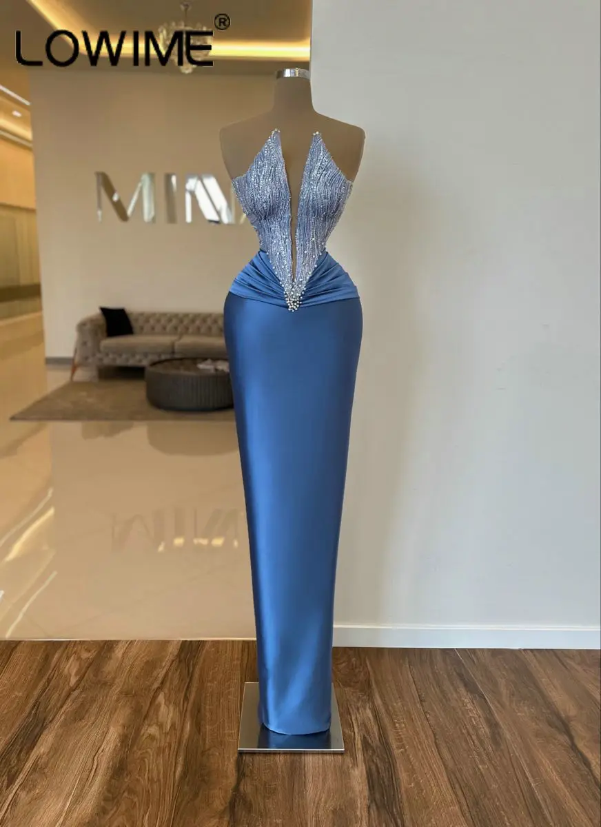 Chic Deep V Neck Blue Long Evening Dresses Folded Crystals Sleeveless Satin Straight Fitted Women Party Gowns Special Occasion