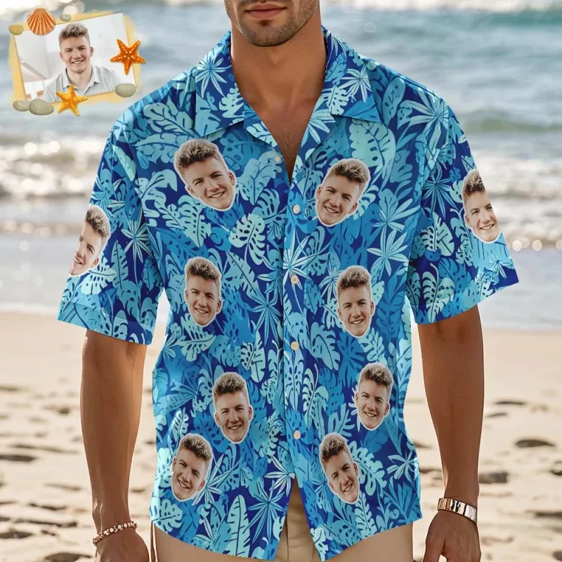 Custom Face Hawaiian Shirt Personalized Photo Print Palm Tree Pattern Aloha Shirt Short Sleeve Beach Shirt For Summer Vacation