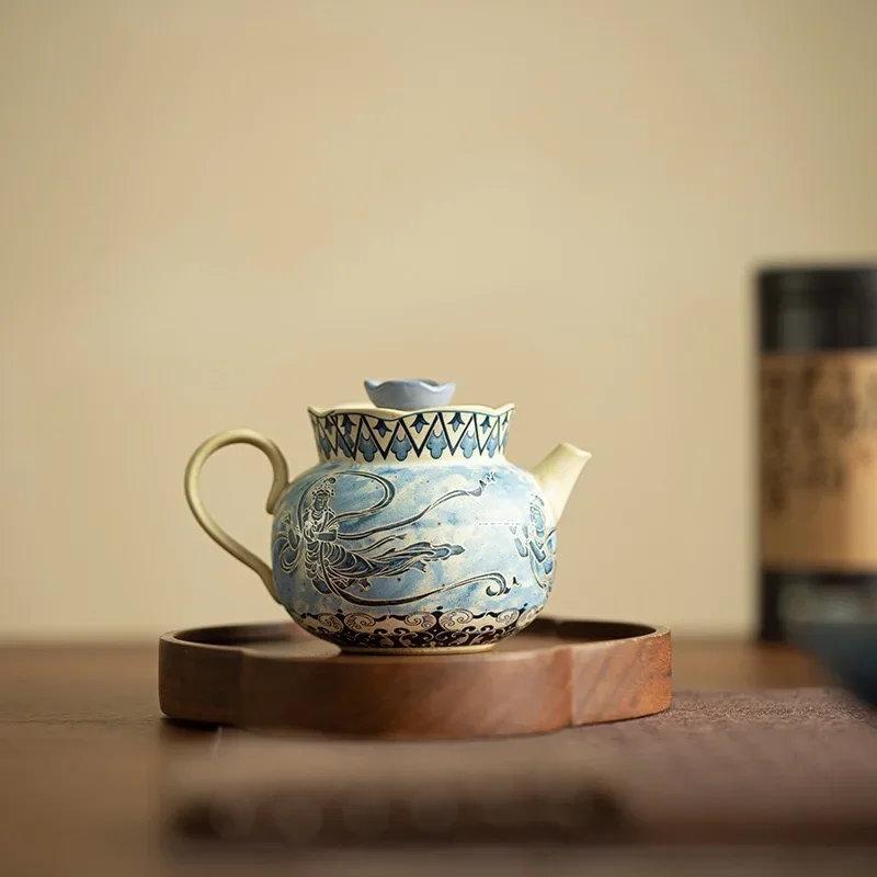 Dunhuang Feitian Blue Flower Huoshi Red Kiln-Transformed Teapot Hand-grab Teapot, Vintage Teapot Home Jingdezhen Ceramic Tea Set
