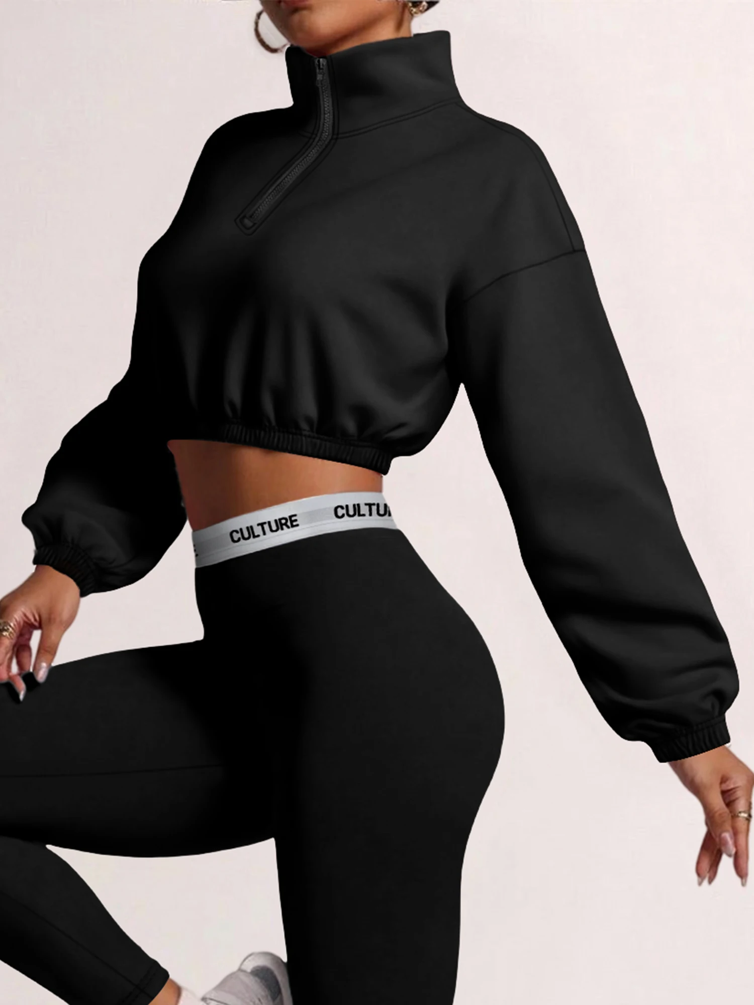 Women Half Zip Stand Collar Cropped Sweatshirt Long Sleeve Elastic Hem Y2K Streetwear Gym Pullover Top