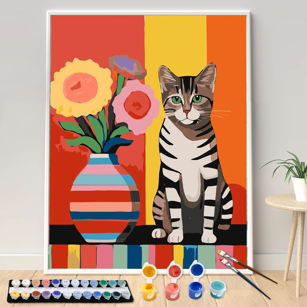 Hand Painted Striped Brown Cat Acrylic Painting by Numbers DIY Acrylic Artwork Canvas Art Gift Home Seascape Dropshipping Kit