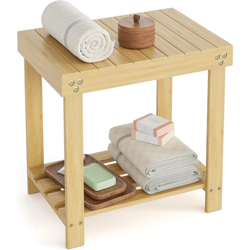 

Небольшая бамбуковая душевая скамейка для ванной комнаты с полкой для хранения, прочный табурет для душа для бритья ног, для использования в помещении и на открытом воздухе, натуральный