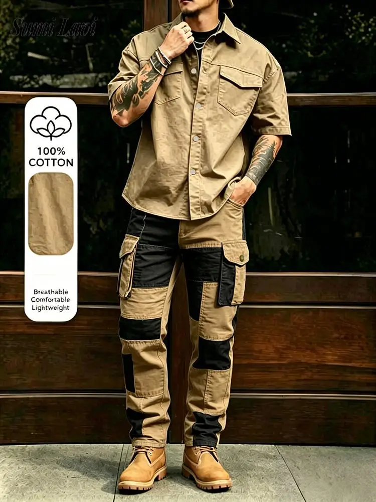 tenues-decontractees-pour-hommes-en-deux-pieces-couleur-unie-mode-ete-chemise-cargo-multi-poches-et-ensembles-de-pantalons-costumes-vintage-a-manches-courtes-pour-hommes