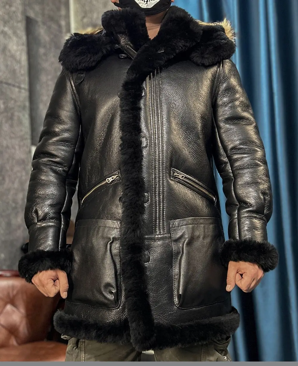 Men\'s Winter Long Coat Genuine Leather Real Sheepskin Shearling Jacket Thick Warm Wool Liner Raccoon Fur Hood Black Big Size 62