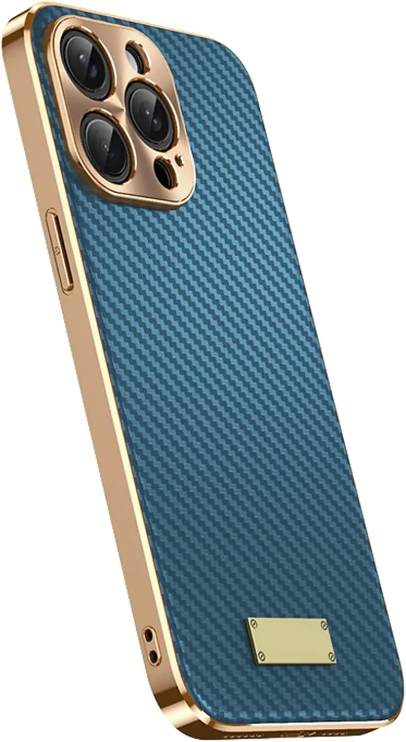 Genuine Leather Case for iPhone 16 Pro Max/16 Pro/16, Slim Carbon Fiber Phone Cover Metal Lens Protection Electroplated Case