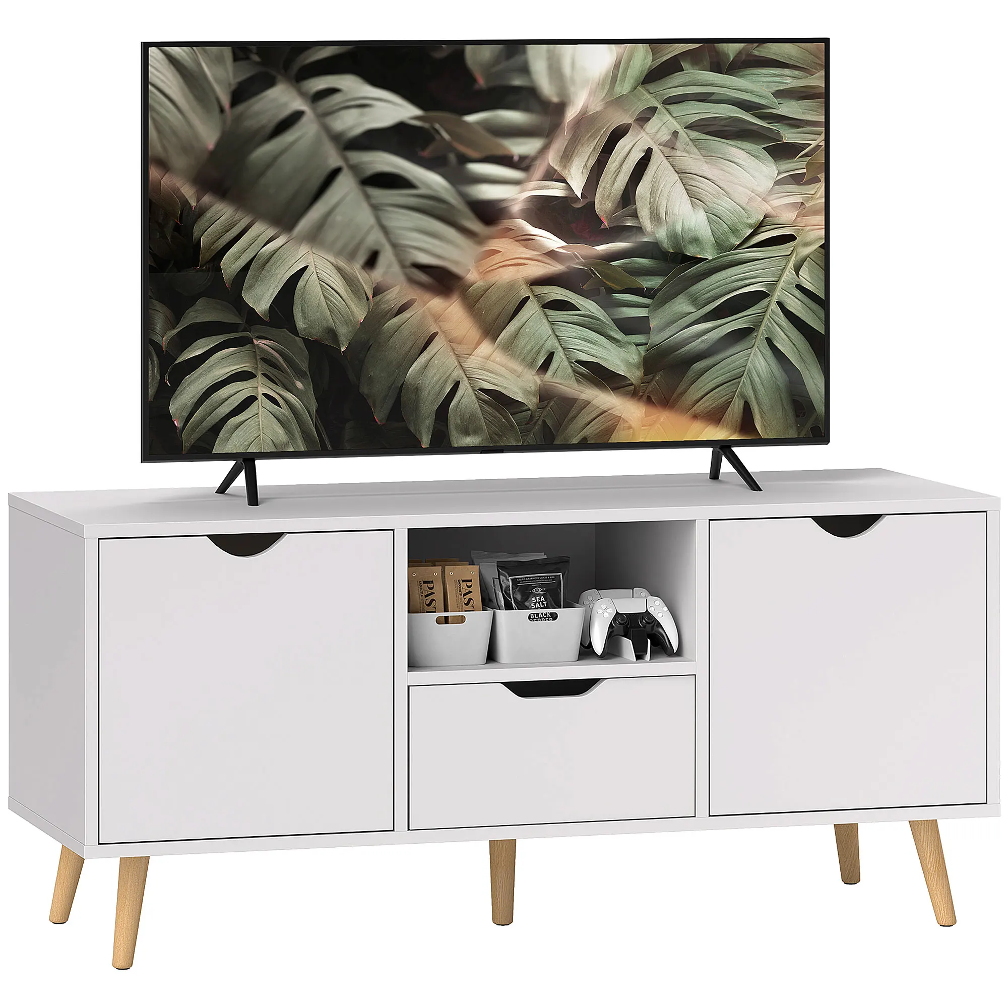 HOMCOM Mueble de TV con Cajón 2 Puertas y Estante Abierto Patas de Madera para Televisores 50 Pulgadas 110x40x50 cm Blanco