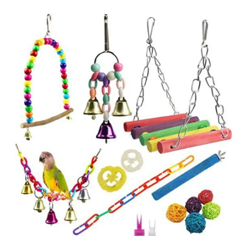 

15 sets of parrot toy set chain swing sanding rod bell string rattan set relief bite Bird Toy