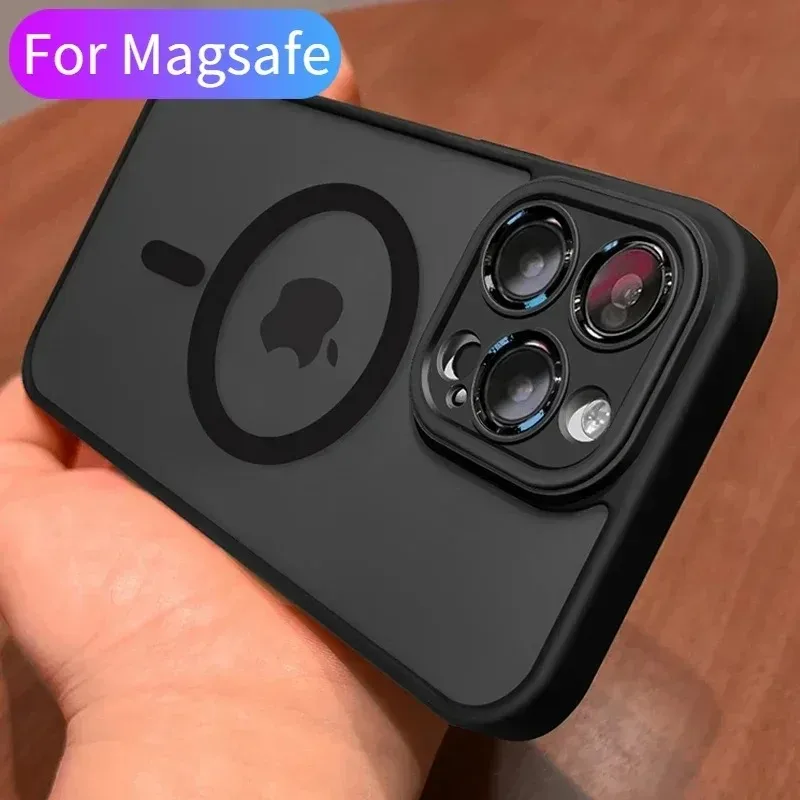 Magnetic Luxury Black Translucent Armor Shockproof Case For iPhone 13 12 11 15 Pro Max 14 16 For Magsafe Wireless Charge Cover