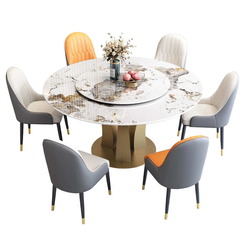 Round Durable Sintered Stone Dining Room Furniture Set with Golden Feet Luxury Dining Table with Chairs