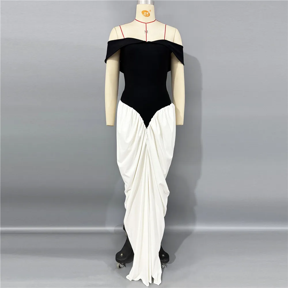 Feminino elegante retalhos bandage vestido sexy fora do ombro plissado roupas celebridade festa maxi vestidos