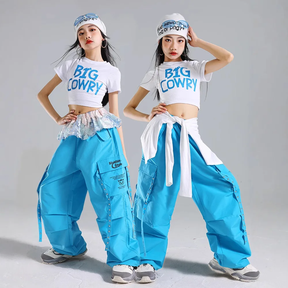 

Детский костюм для девочек: укороченный топ в стиле K-pop, брюки карго в стиле хип-хоп, однотонные, для уличных танцев, сценический наряд для девичьих групп, детская уличная одежда