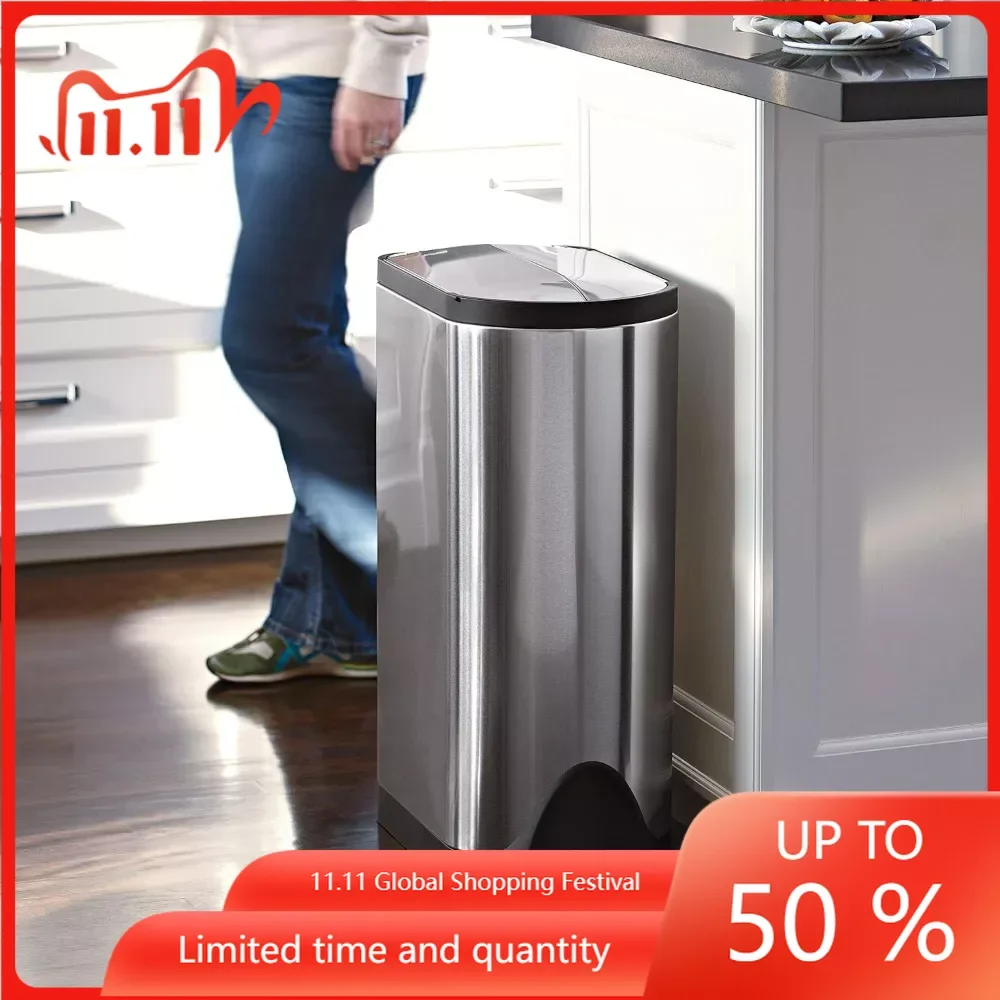 

40 Liter / 10.6 Gallon Dual Compartment Butterfly Lid Kitchen Recycling Step Trash Can Brushed Stainless Steel Home Supplies