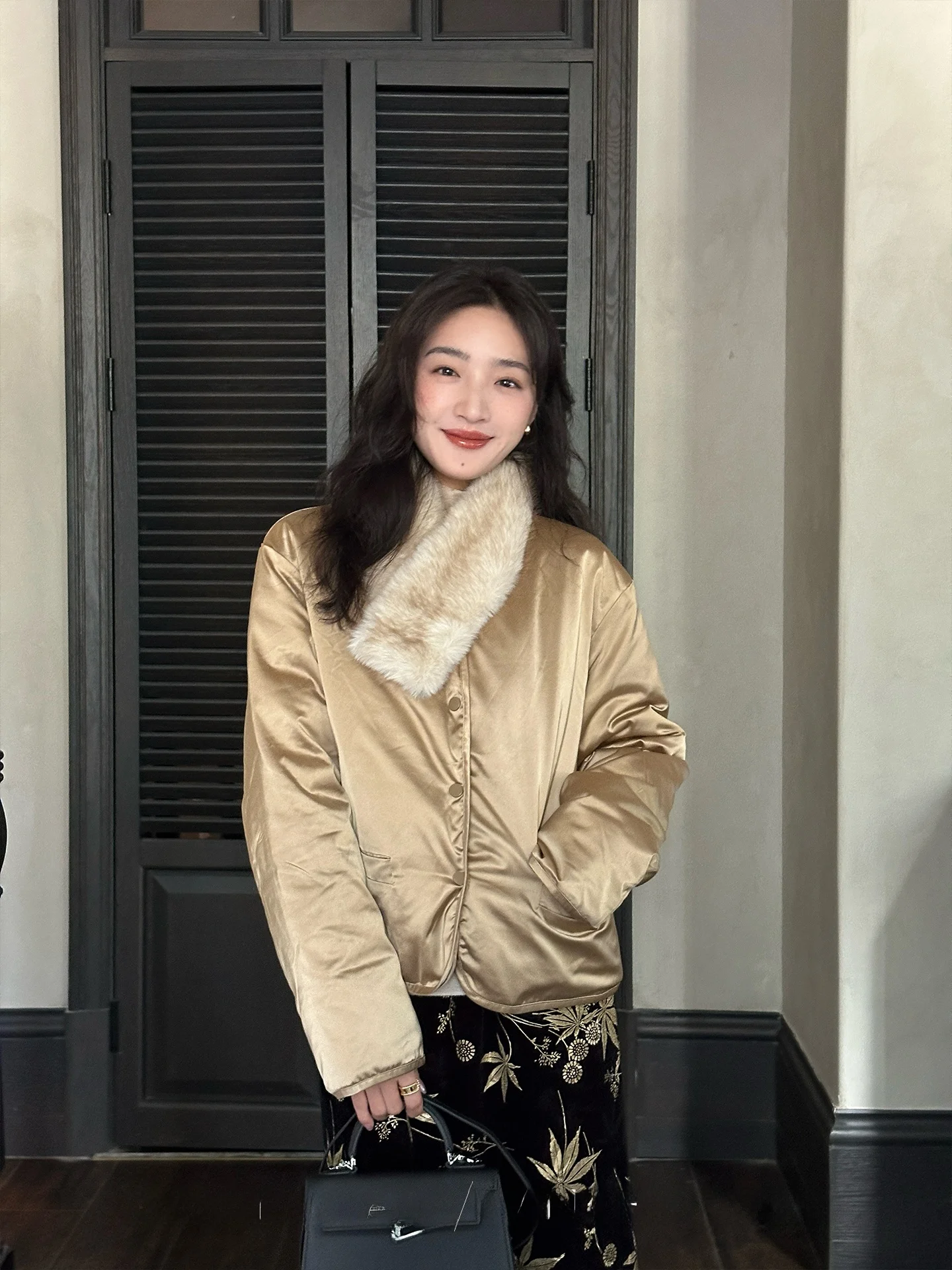 

Pearl een down Jaet Vest Set V-Ne ort Outerwear with Faux Fur Collar Two-Piece Set Women's Winter Coat