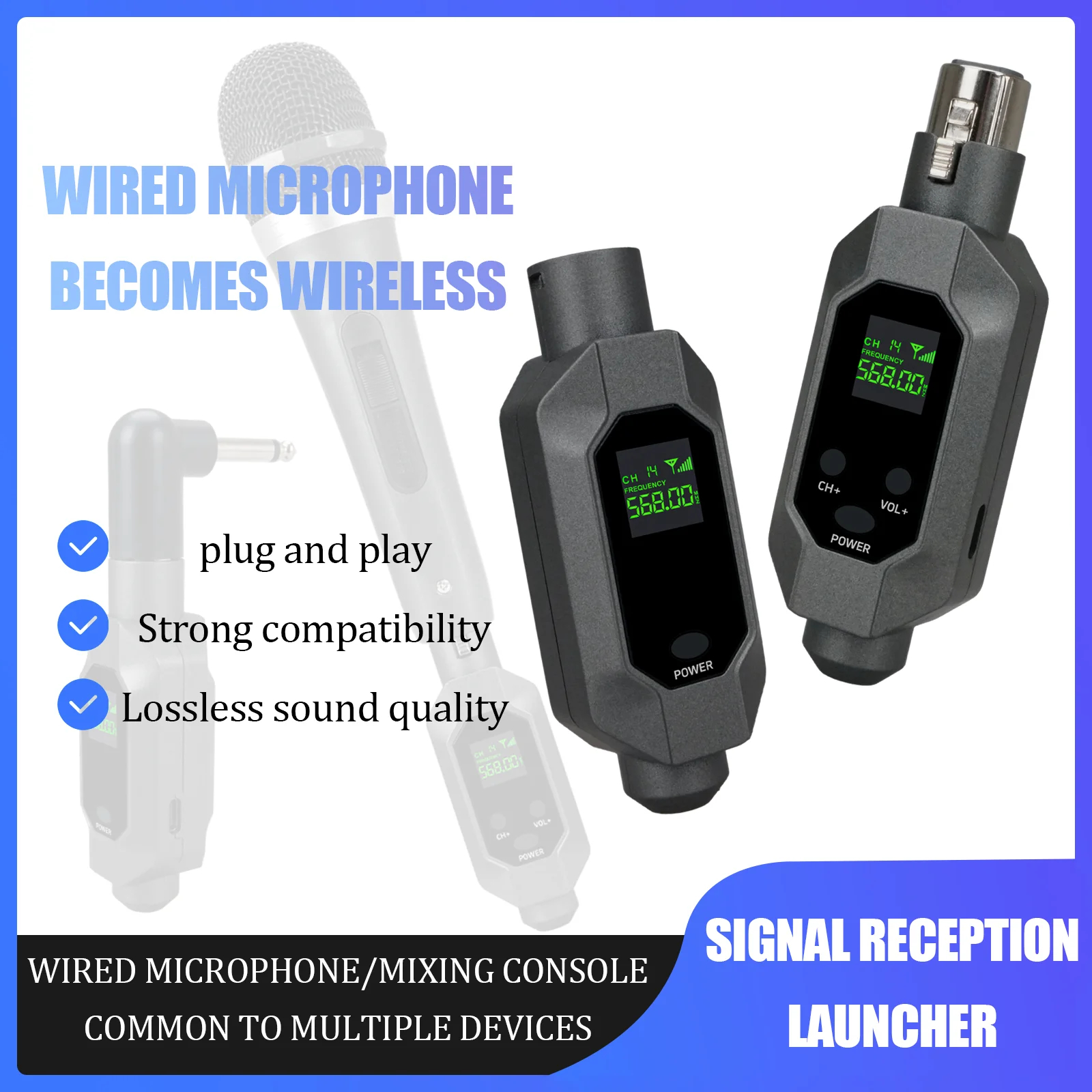 Wired Mic Converter Adapter 30m-50m Rang UHF Wireless Microphone XLR Transmitter Receiver HD Display for Condenser Dynamic Mic