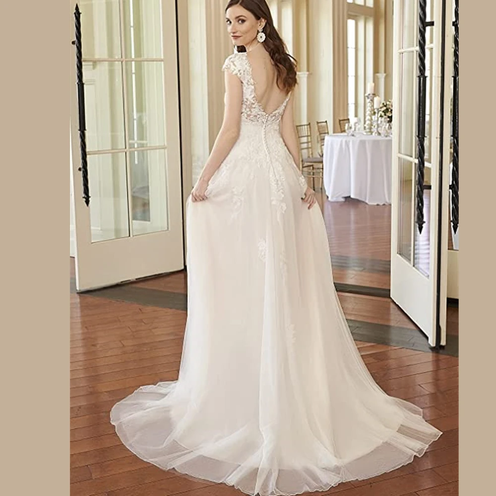 Elegante boné manga vestido de casamento a linha vestidos de noiva sem costas rendas apliques vestidos de noiva trem varredura vestidos de novia 2022