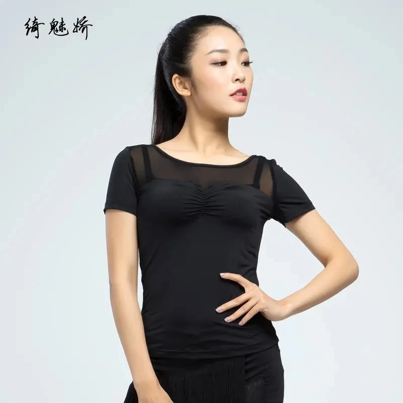 Latin dance clothing female adult new tops short-sleeved summer women's tops performance costumes practice competition dance cos