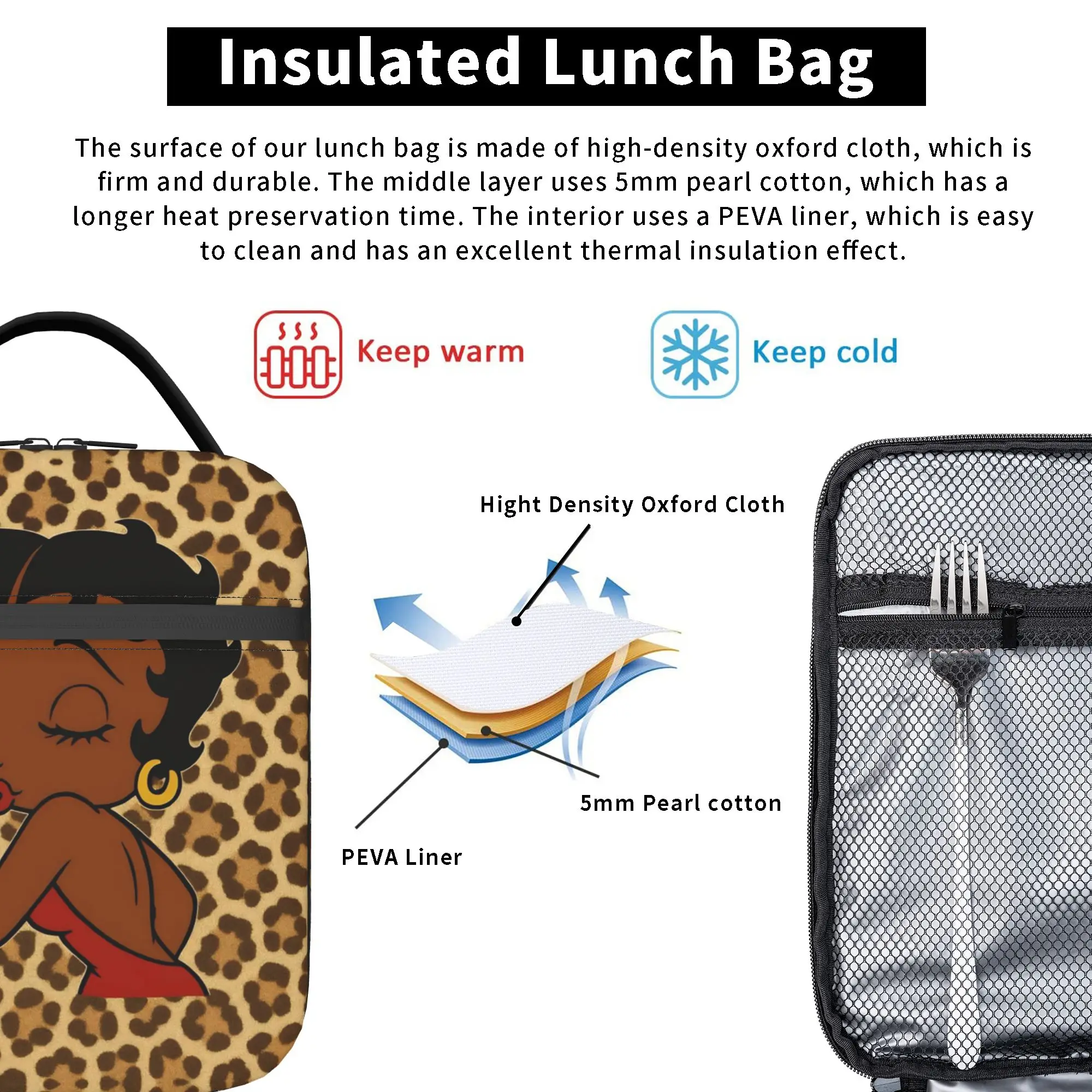Black B-Betty Boops Insulated Lunch Bag Portable Meal Container Cooler Bag Tote Lunch Box College  Picnic Bento Pouch view 4