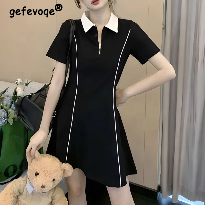 

Women Trendy Contrast Color Polo Collar High Waist Midi Dress Summer Casual Short Sleeve Slim Sweet Chic Y2K Streetwear Dresses