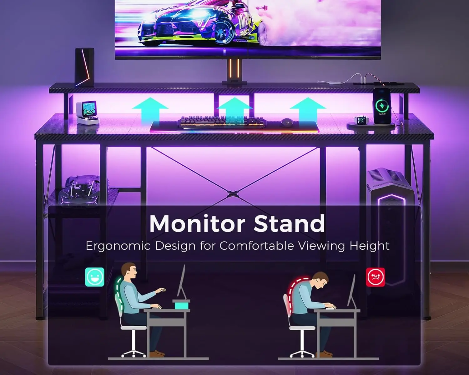55 Inches Gaming Desk with LED Lights, Computer Desk with Monitor Stand, Pc Table with CPU Stand, Carbon Fiber Black
