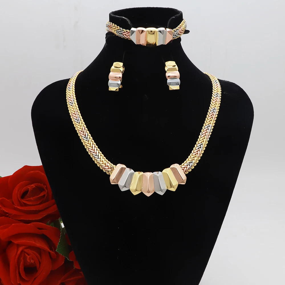 

African Jewelry Sets Tricolor Dubai Wedding Earrings Pendant Necklace Bracelet For Bridal Design Gold Plated Nigerian Accessory
