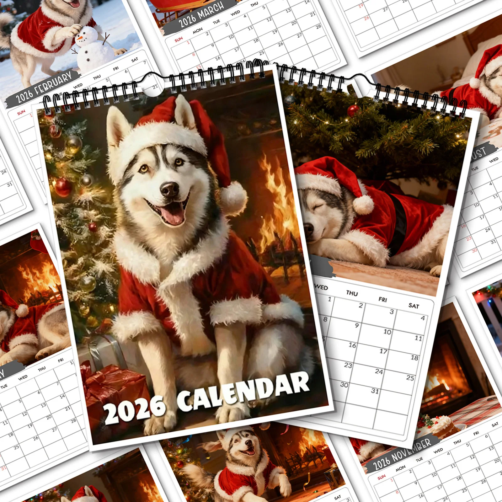ปฏิทินแบบเกลียว 1 ชิ้น ปี 2026 ลายธีมซานต้าฮัสกี้ เหมาะสำหรับตกแต่งผนังห้องนั่งเล่นที่บ้าน ตกแต่งสำนักงาน เหมาะสำหรับเป็นของขวัญในช่วงเทศกาล