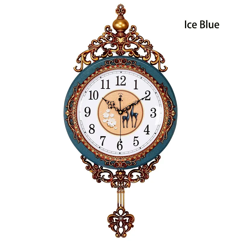 European Pendulum Wall Clock Silent Non Ticking Decorative Analog Clock with Golden Carving Deer Pattern for Home Living Room