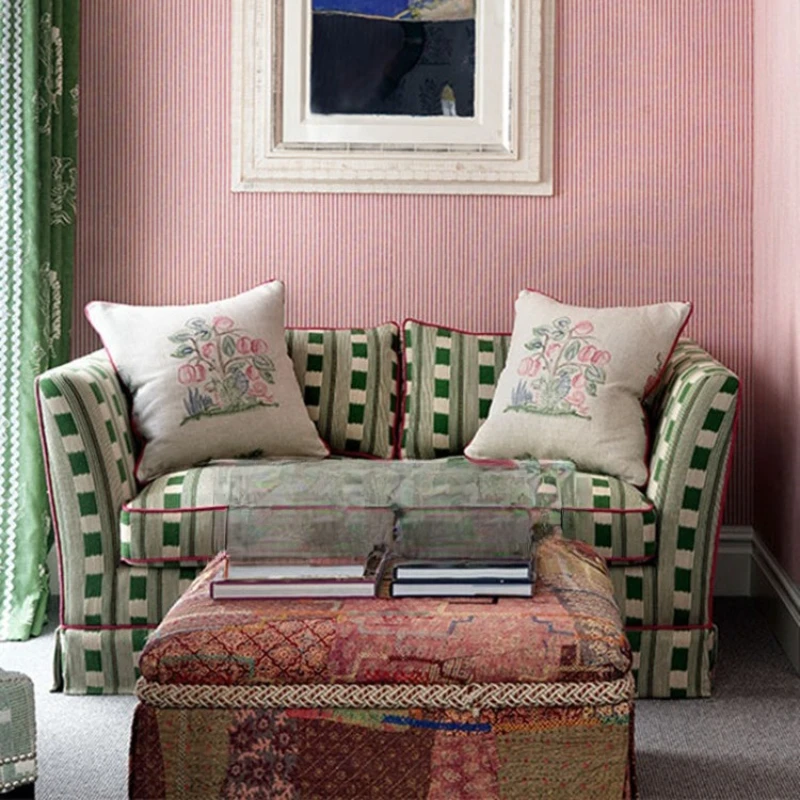 كرسي غرفة المعيشة الفرنسي القديم ذو الظهر العالي، أريكة قماشية أمريكية من القرون الوسطى باللون الأخضر منقوشة بصف مستقيم #5