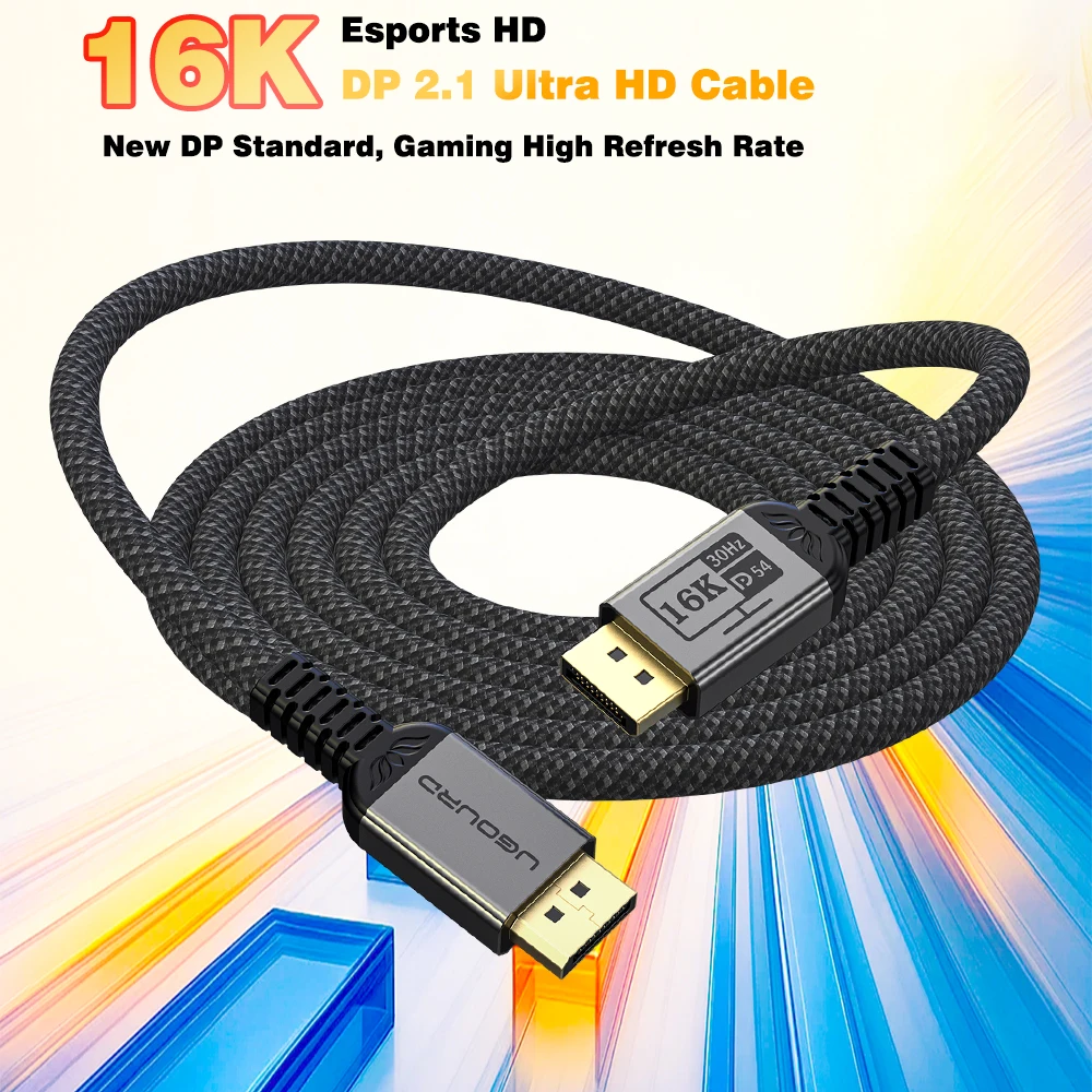 UGOURD DP54 DisplayPort 2.1 Cable 54Gbps 16K@30Hz 10K 8K120Hz 4K 480Hz UHBR13.5 HDR10 DSC 1.2a for RTX 5090 Gaming Monitor 1m-3m