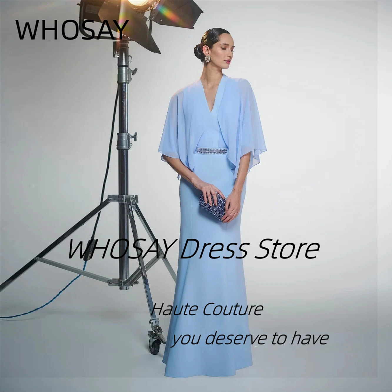 

WHOSAY Sky Blue Prom Dresses V Neck Half Sleeves Wedding Guests Dress Customized Beaded Sash Vestidos Special Party Evening Gown