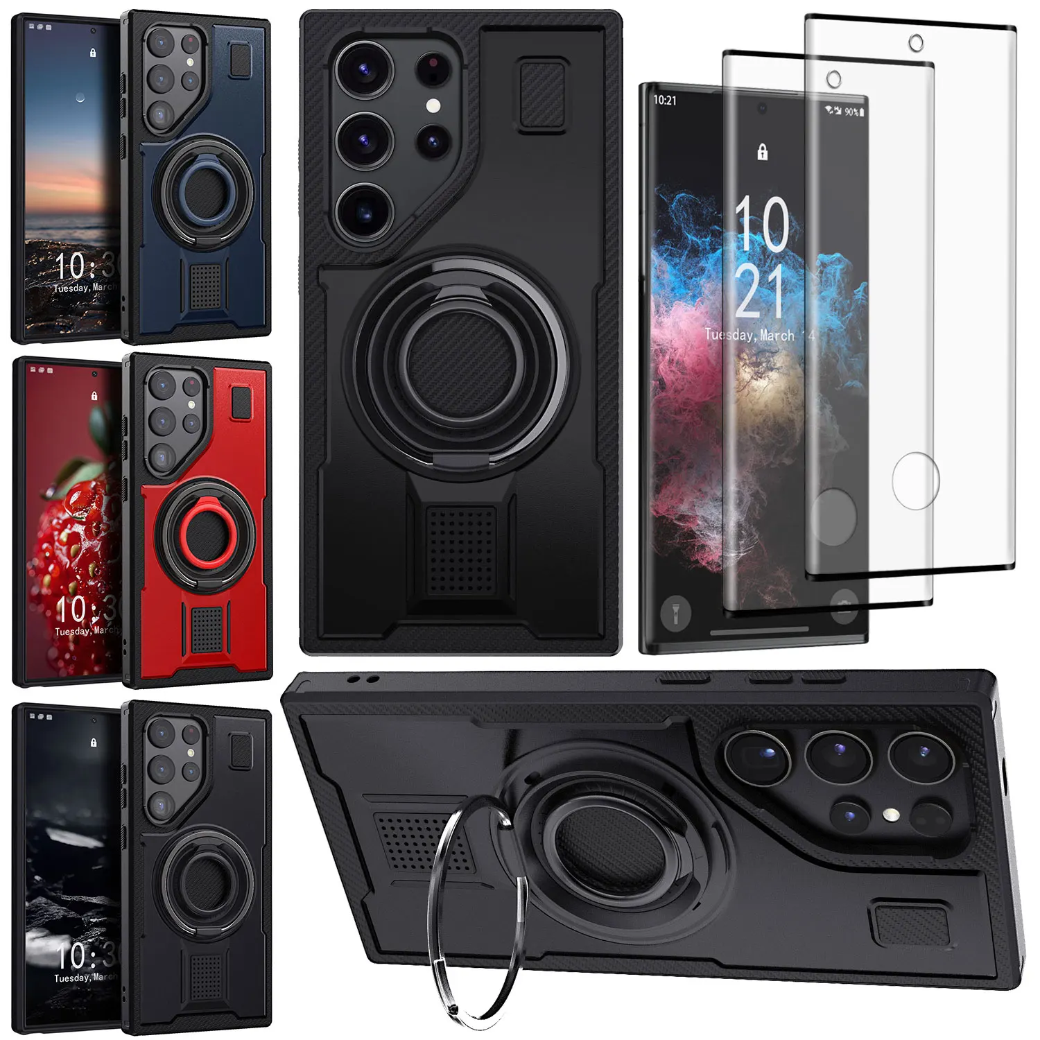 For Samsung For Galaxy S22 Ultra/S23 Ultra Hybrid Rugged Case Ring Kickstand Holder +2pcs Clear Tempered Glass Screen Protectors