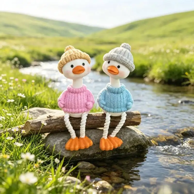 4pcs/Set Duck Figurines with Hanging Legs, Ins-style Long-legged Sitting Duck Ornaments, Car Dashboard Interior Decorations