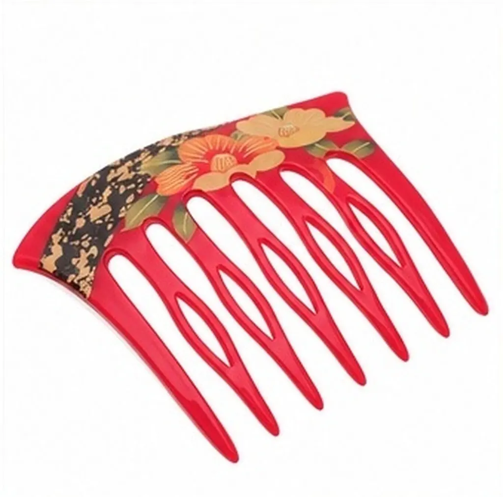 Acrylic French Hair Side Comb Retro Floral Printed 7 Tooth U Shaped Hair Fork Twist Comb Red Updo Acrylic U-Shaped Hairpin