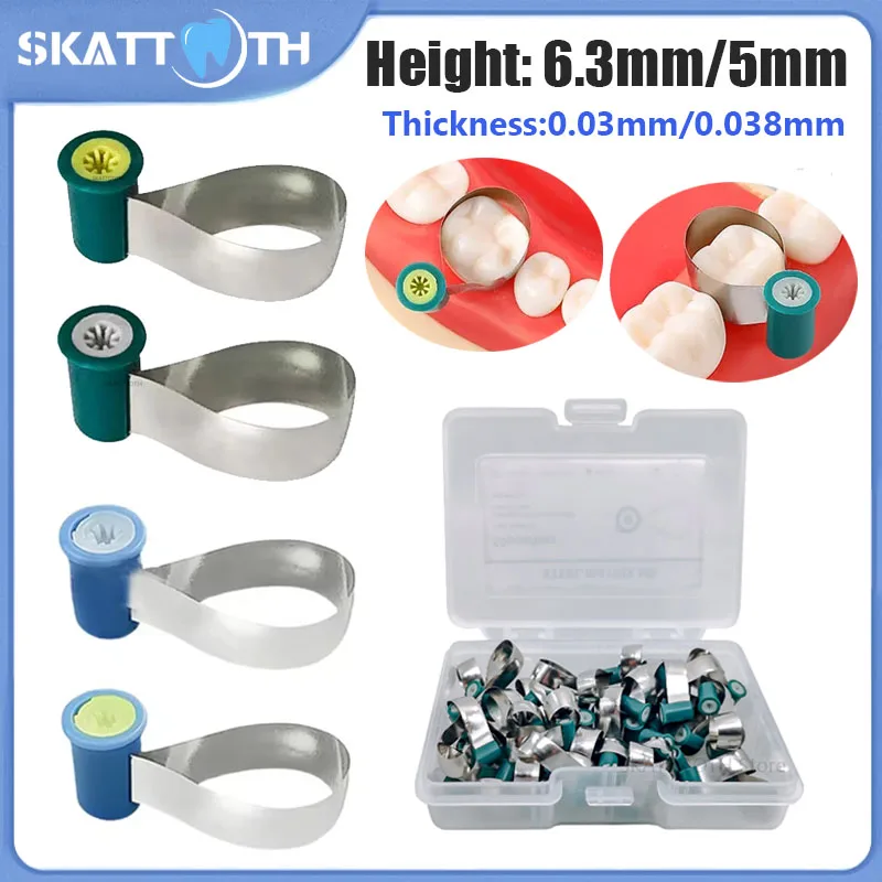 New 50Pcs Dental Matrix Steel Matrix Double-Side Contoured Anatomically Shaped Matrix Bands Knob Type Matrix 5mm/6.3mm Dentistry