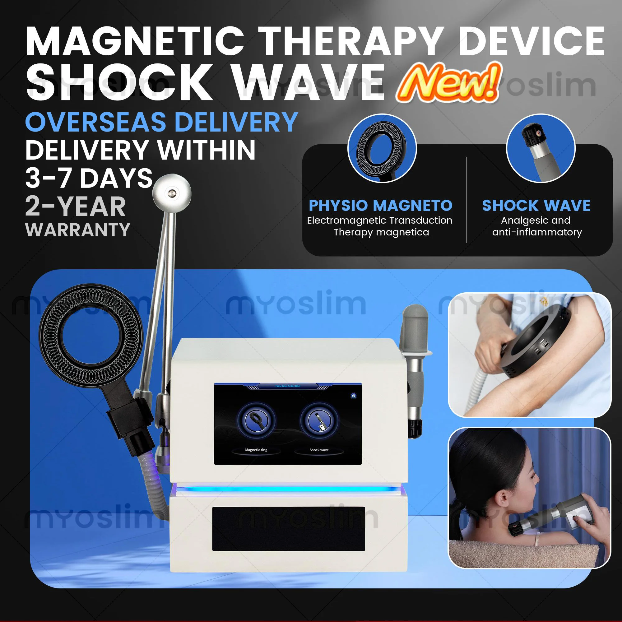 Myoslim Pemf Magnetic Ring Shock Wave Desktop Muscle Care System 300Khz 9 Heads Dual Handle Hd Touch Screen Commercial Salon Spa