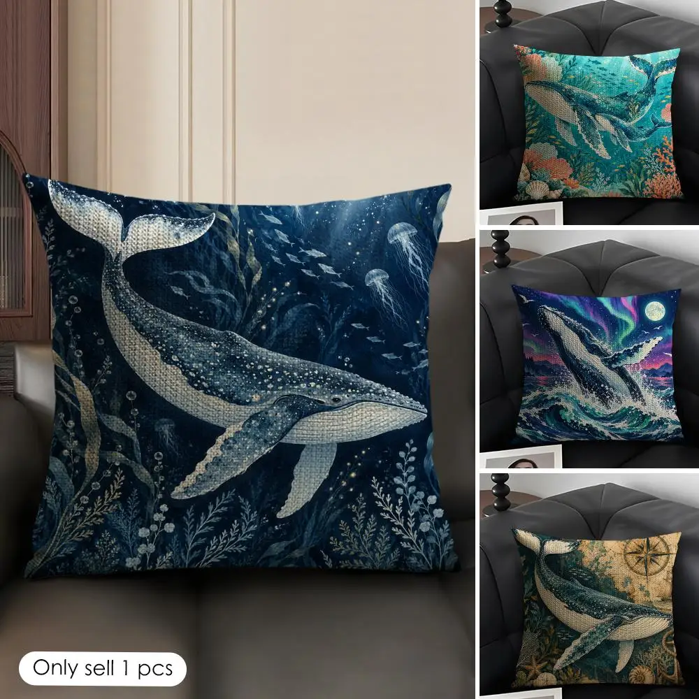 Whale Illustration Ocean Themed Cushion Cover Skin-Friendly Organic Linen Pillow Cover Durable Hypoallergenic Washable Soft