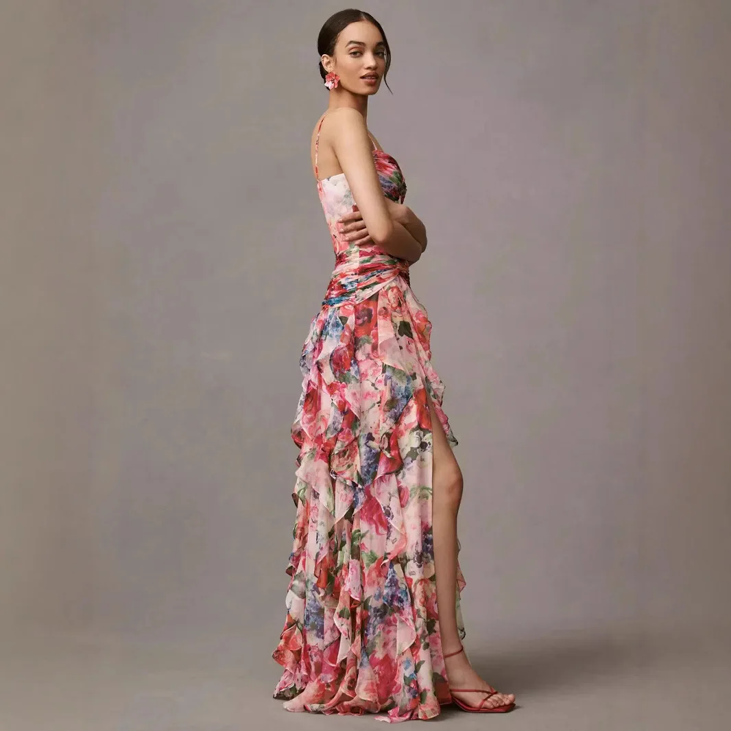 فستان سهرة نسائي مكشوف الكتفين لعام 2025 - فستان رسمي بدون حمالات بطباعة شيفون وأكمام طويلة مع سحر أثيري