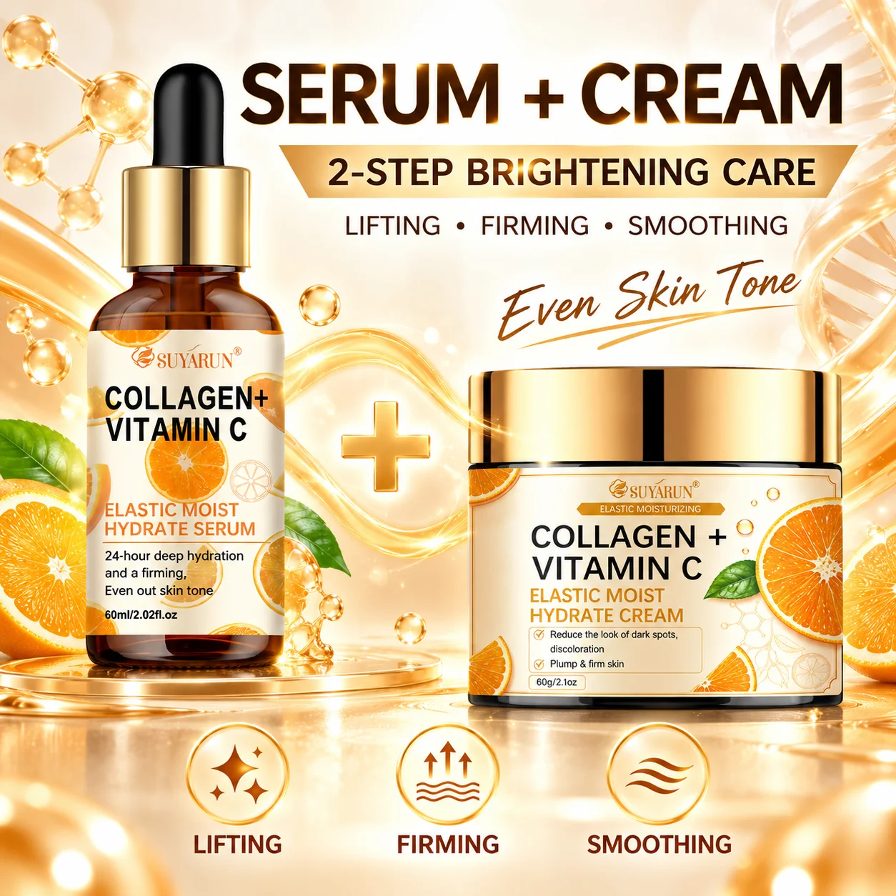 SUYARUN Vitamin C Facial Cream + Serum Kit – Wrinkle Repair, Collagen Boost, Intense Hydrating Anti-Aging Care.