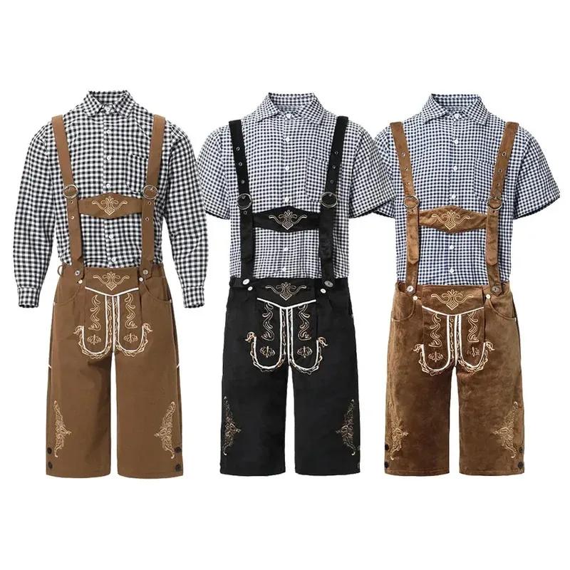 

Bavarian Bavarian Oktoberfest Costume Hat and Plaid Shirt and Suspenders Lederhosen Oktoberfest Costume for Mens 3pcs Set