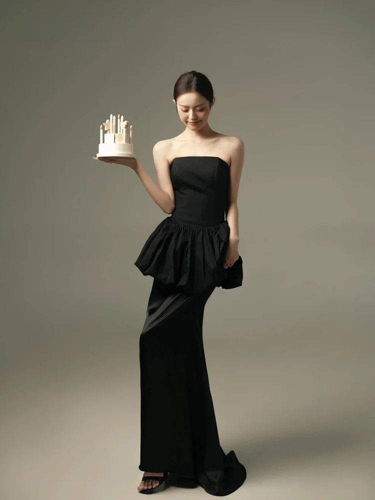 

Новое черное платье для дня рождения 2026 года в корейском стиле, для фотостудии, репортажных съемок, модное, элитное, романтичное, персонализированное, сценический костюм